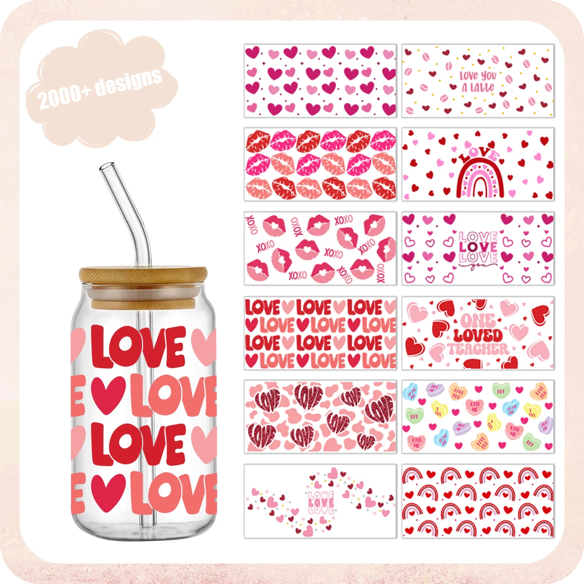 

Ready To Ship Wholesale Valentine's Day UV Dtf Cup Wraps 16oz Libbey Glass Can Wraps Transfers