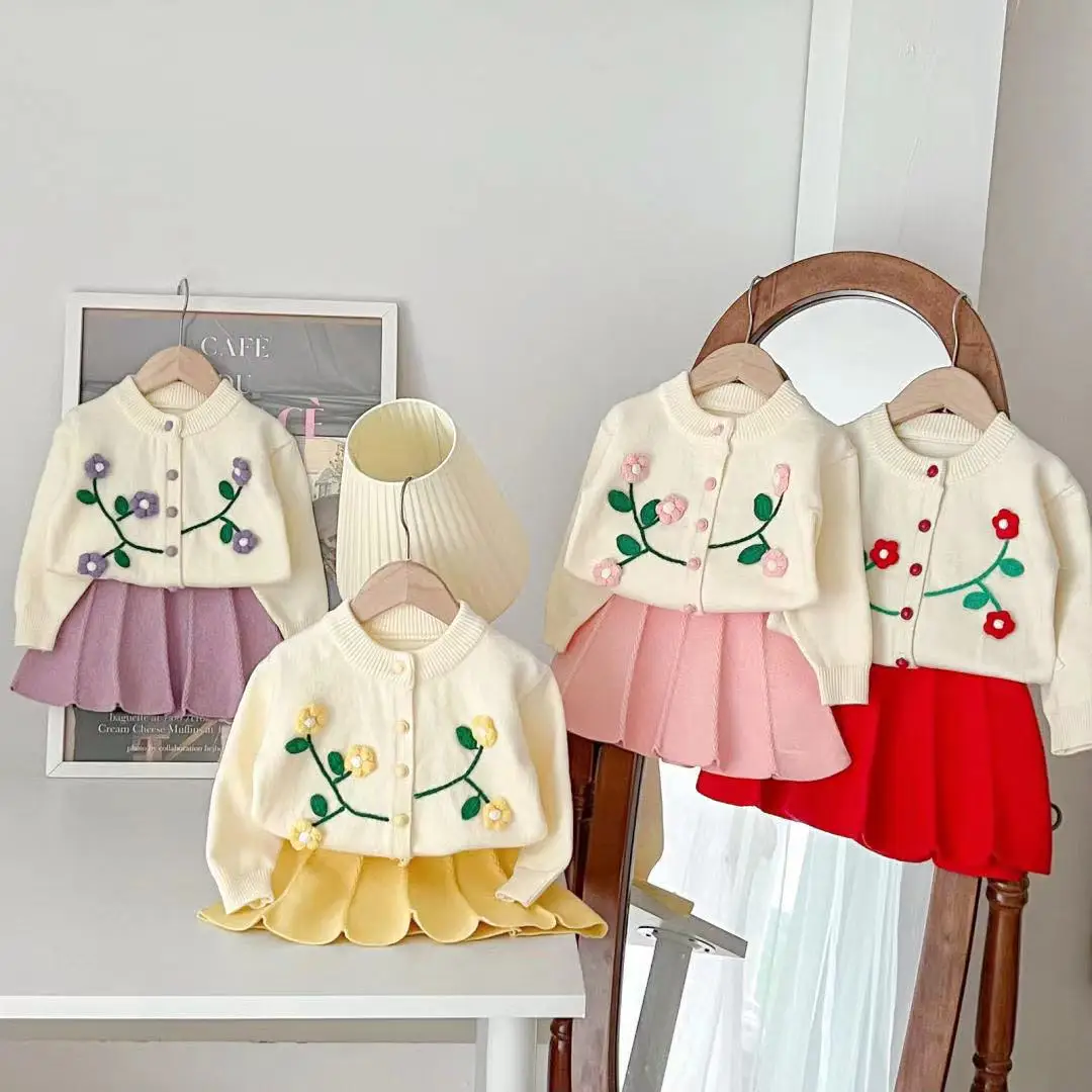 2-teiliges Set für Mädchen – Strickjacke mit Blumenblatt und Faltenrock, Winter-Strick-Outfit für 2–6 Jahre Baby-Outfit-Set