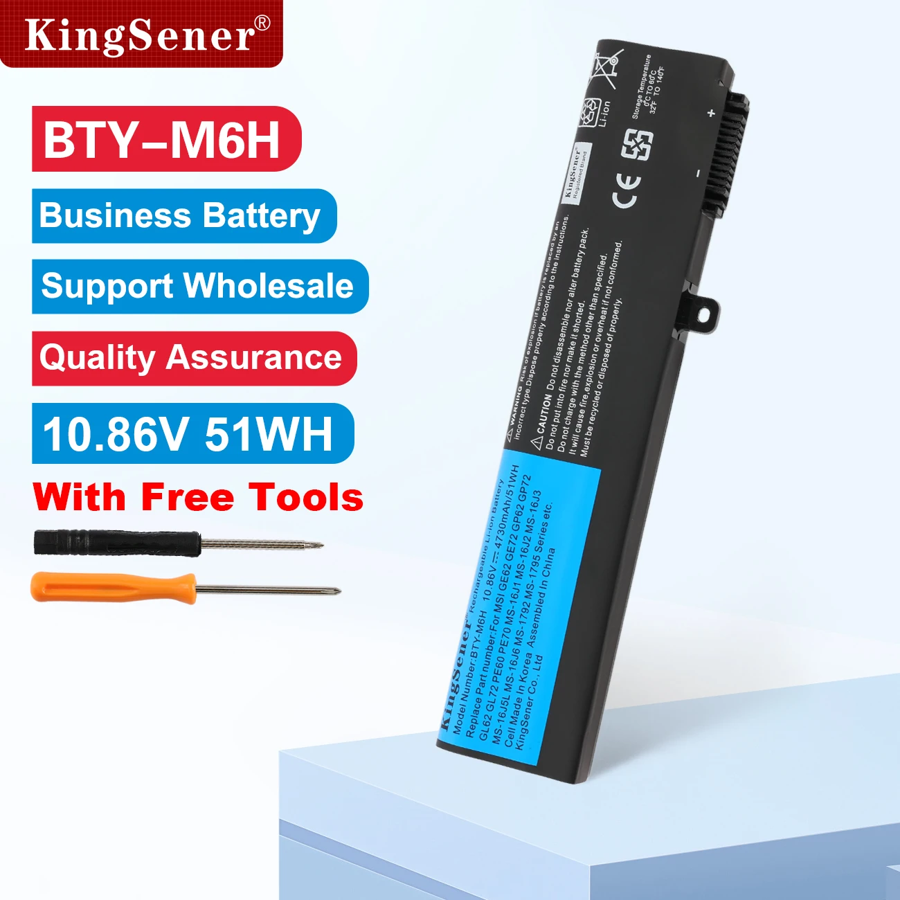 

KingSener BTY-M6H Laptop Battery For MSI GE62 GE63 GE72 GP62 GP72 GL62 GP63 GE75 MS-16J1 MS-16J2 MS-16J3 MS-16J6 10.86V 4730mAh