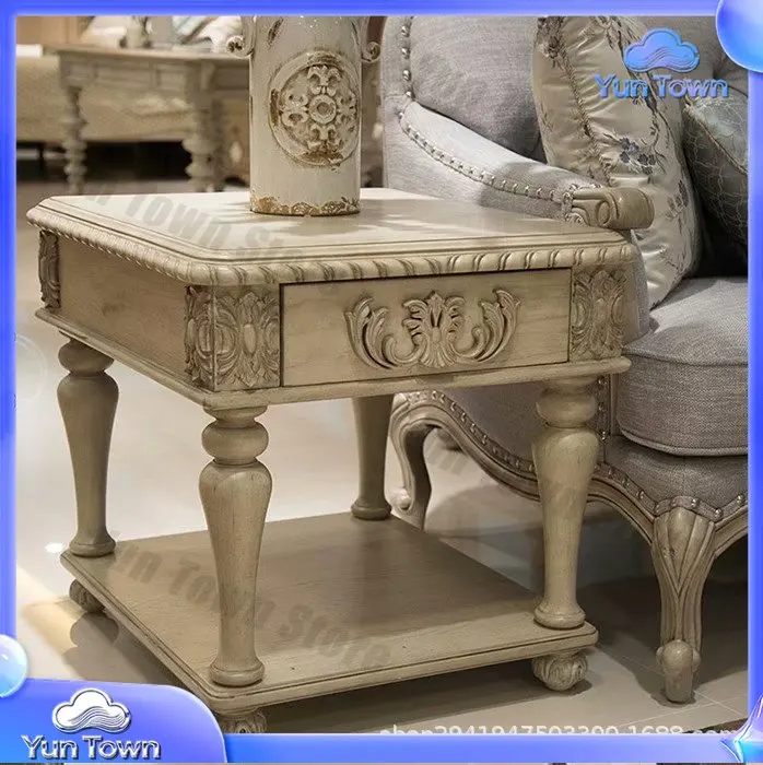 Custom Solid Wood Side Table for Living Room Vintage Carved Square Corner Table for Phone Use Distressed Oak Round Small End