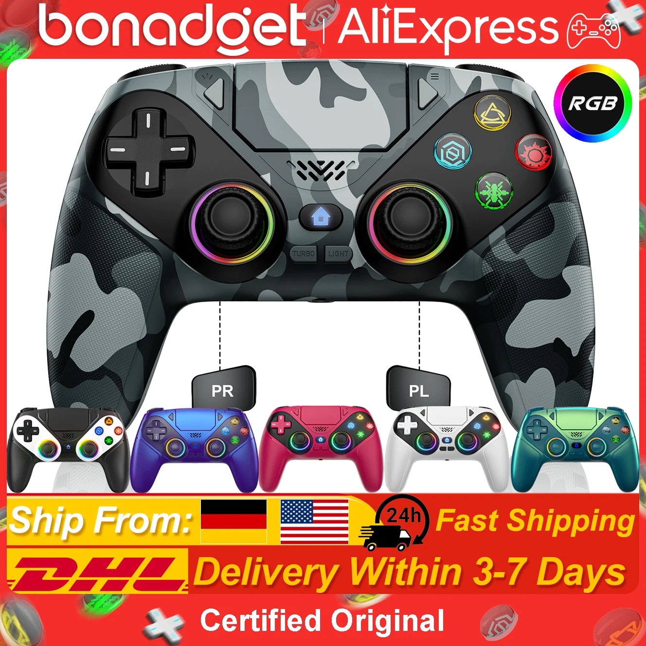 Bezprzewodowy kontroler RGB do Playstation 5 PS5/PC, gamepady z 6-osiowym żyroskopem, funkcją Dual Shock Turbo i programowaniem Macro, gniazdo 3,5 mm, joystick do gier.