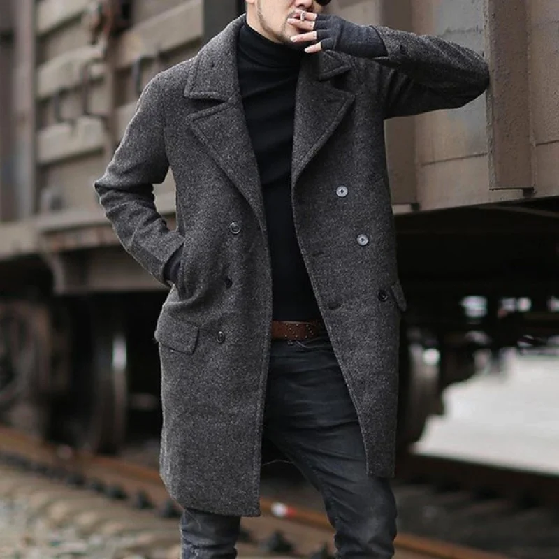 Autumn and Winter New Woolen Men's Coat Mid-Length Wholesale Woolen Double Breasted Coat