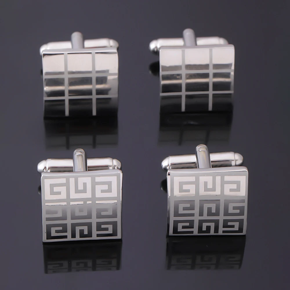 2Pcs  Square Mens Cufflinks Set Vintage Palace Pattern Cuff Links Silver Tone Plaid Sleeve Button Jewelry Accessories Wholesale