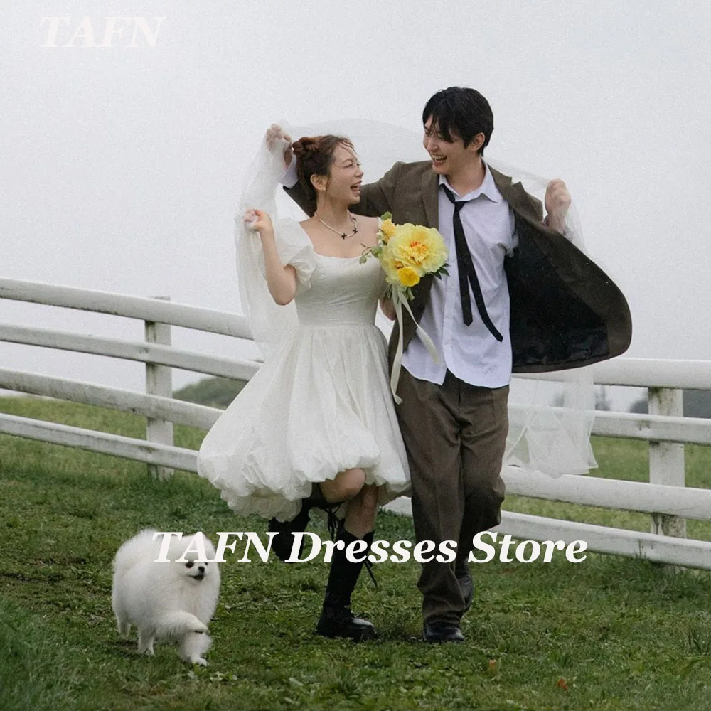 TAFN Korea Short Wedding Reception Dresses Puff Sleeves Bridal Gown Princess A-line Draped Corset Lovely Dresses