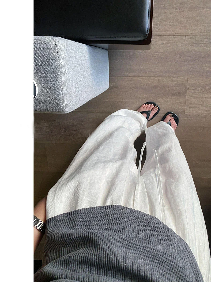 

White Linen Wide Leg Pants Women Summer Thin Casual Cotton Linen Nine Points Trendy Brand High-End Feelings Straight Cut Leis...