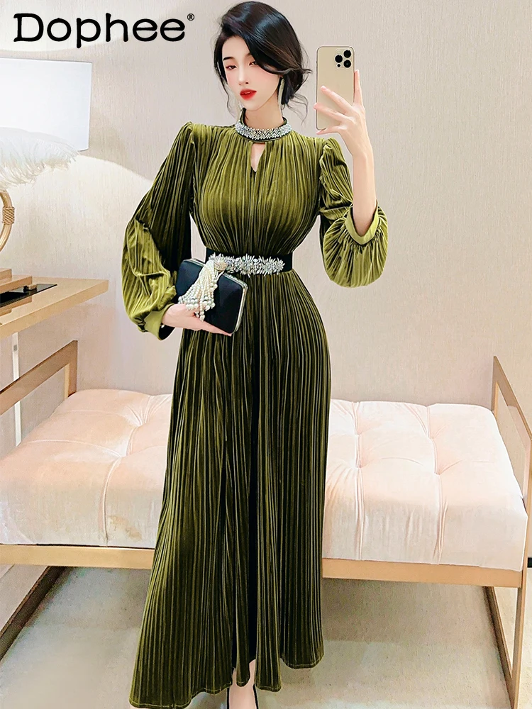 

Commute Style Puff Sleeve Pleated Dress Womem 2023 Autumn New Slim Half Turtleneck Heavy Industry Beads Large Swing Dress Lady