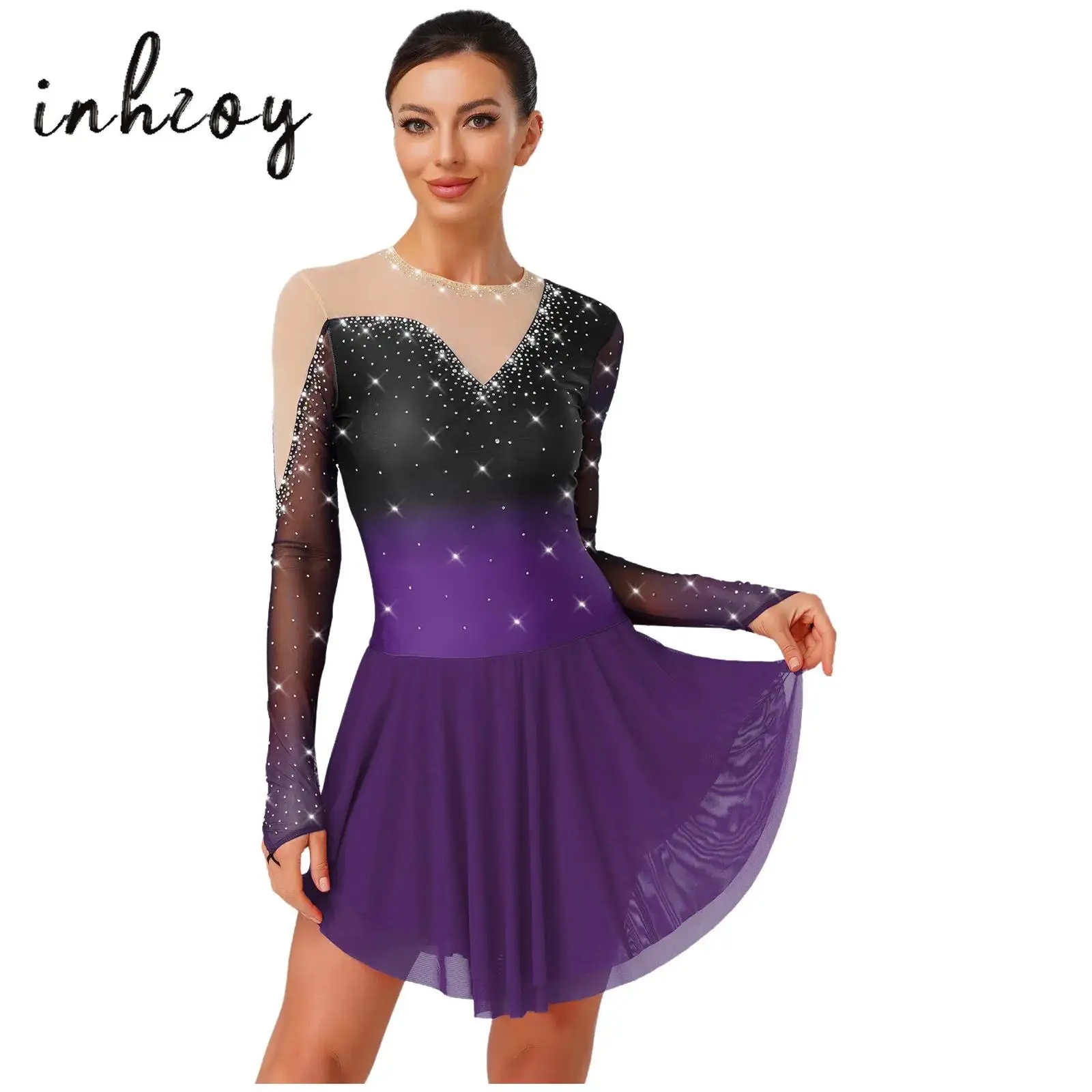 

Women's Figure Skating Dress Glittery Irregular Mesh Patchwork Built-in Briefs Gradient Dress Gymnastics Active Ballet Costume