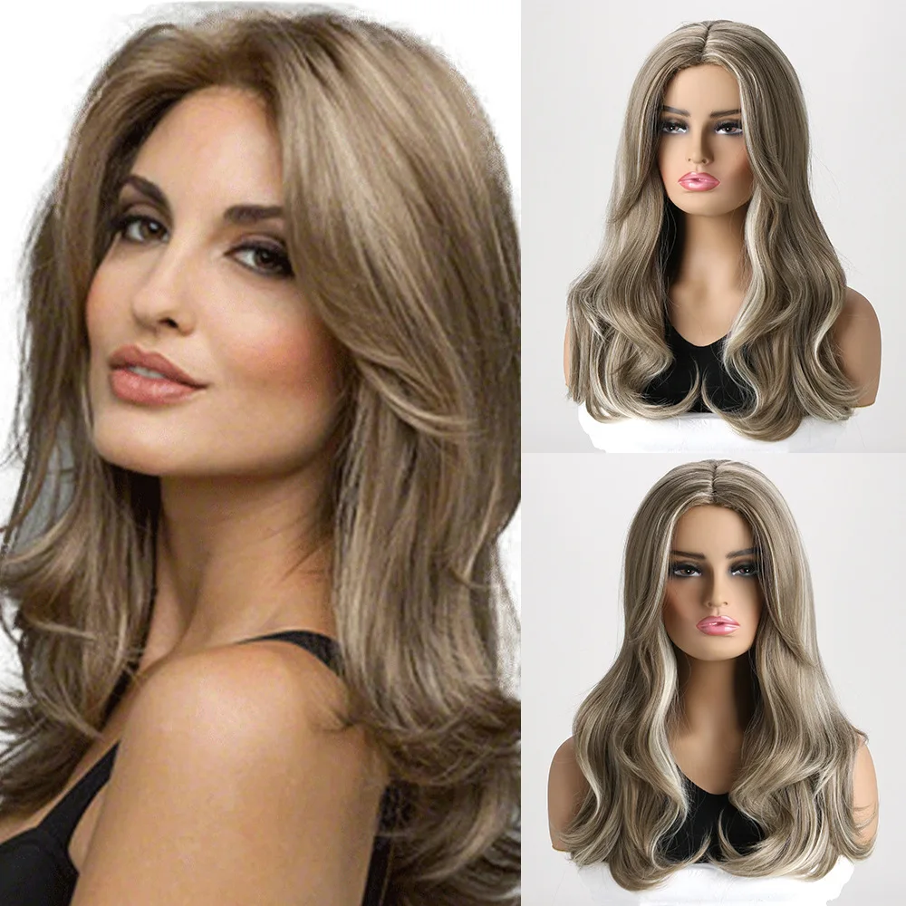 

Women's mid-part brown/blonde straight hair synthetic wig cover, suitable for daily dress wig accessories