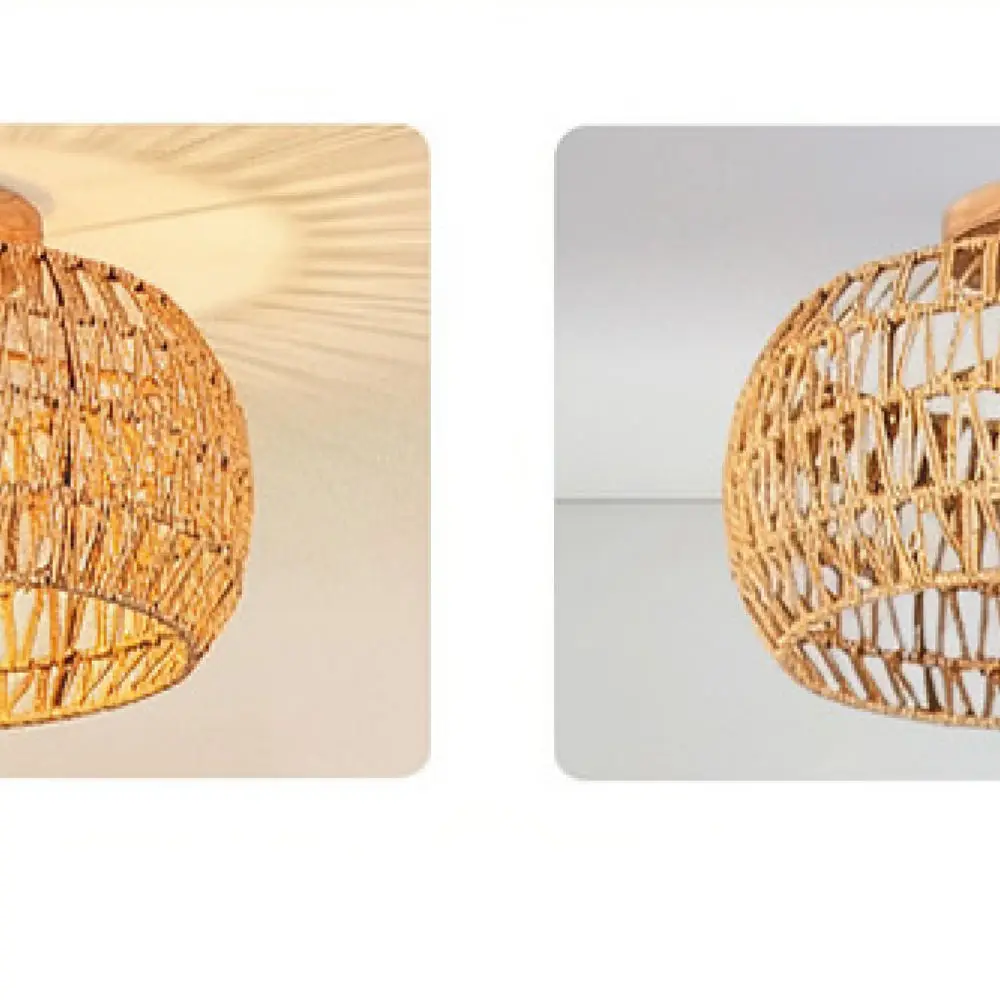 Handmade Rattan Weaving Ceiling Light Rustic Farmhouse Flush Mount Fixture Home Decor For Bedroom Living Room Lamp