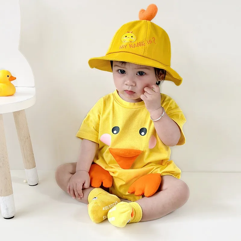 Summer new style baby bag with bib, cute little yellow duck for boys and girls, super adorable short-sleeved shirt for newborns view 2