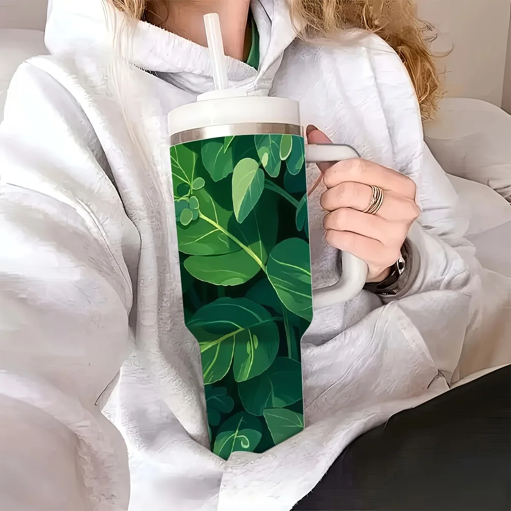 1pc Halloween 40oz Stainless Steel Insulated Tumbler with Handle and Straw Lid, Cute Cat Hidden In Lush Green Leaves Print Water Cup, Reusable Leakproof Travel Mug for Home Office Outdoor Camping Daily Party Use