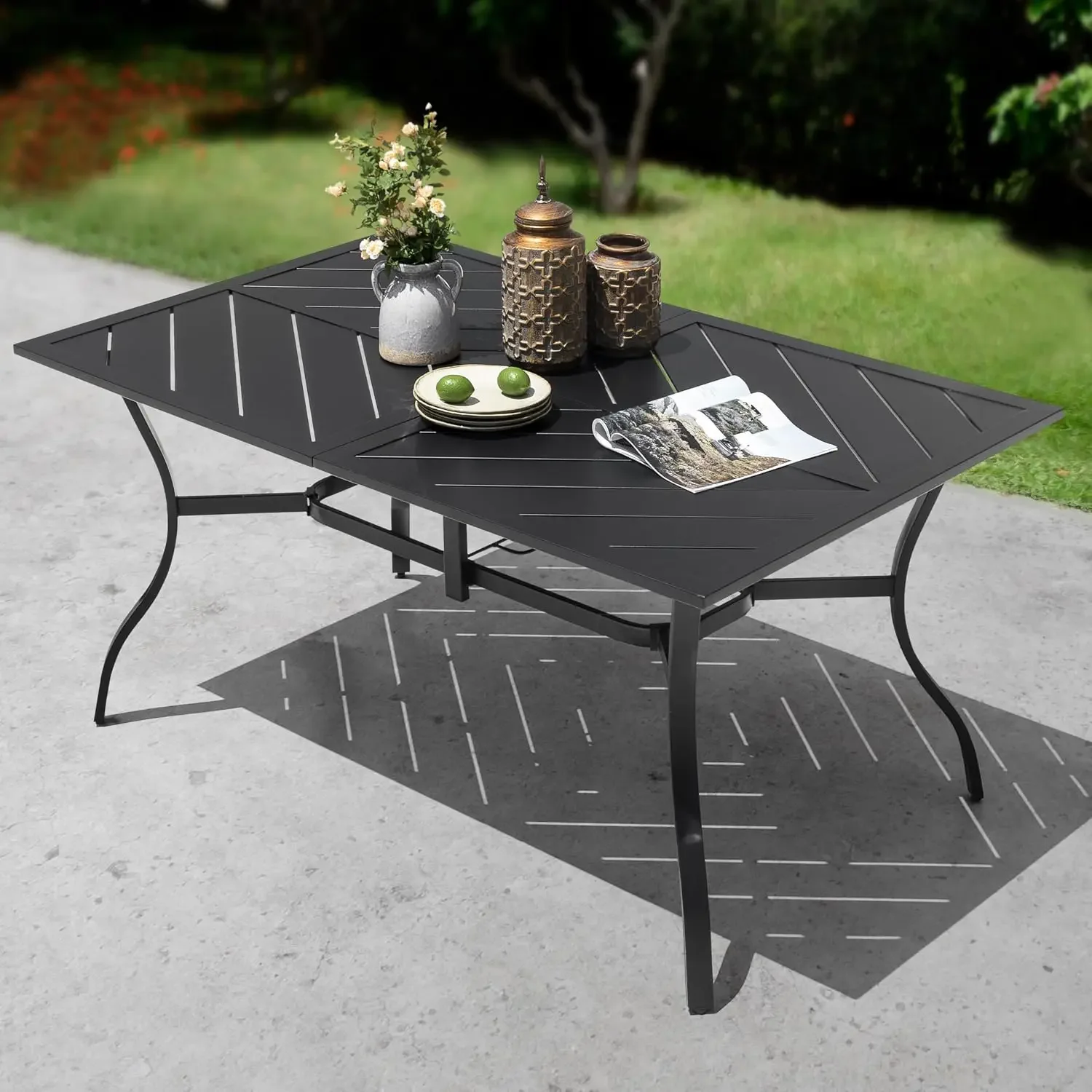 6-Person Outdoor Dining Table, All Weather Patio Table with Umbrella Hole, Backyard Bistro Table, Black, 61x37x29 inches, 150 LB