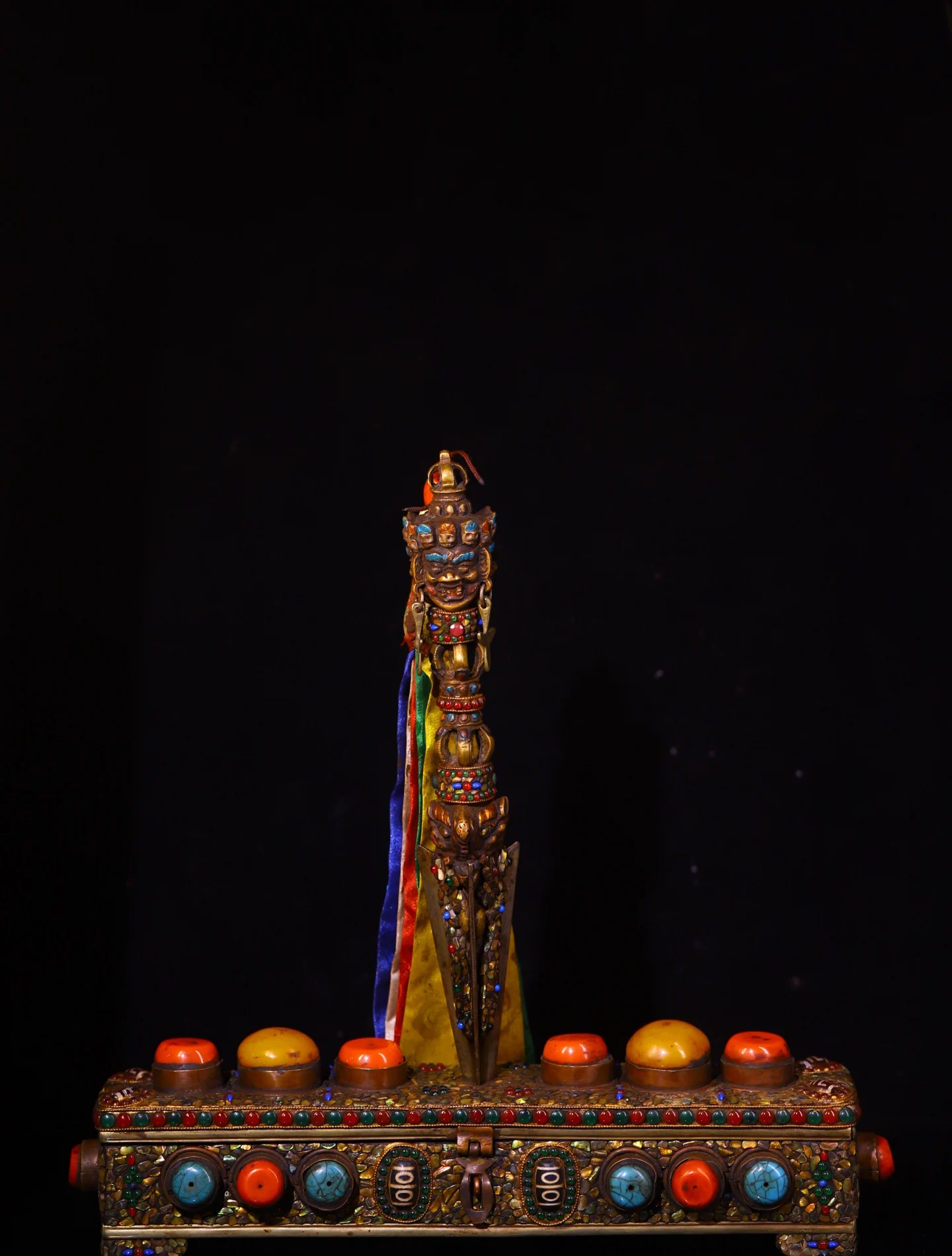 

14"Tibetan Temple Collection Old Purple Bronze Mosaic Gem gZi Beads Turquoise Mahakala Buddha Head Vajra Phurpa Amulet Box