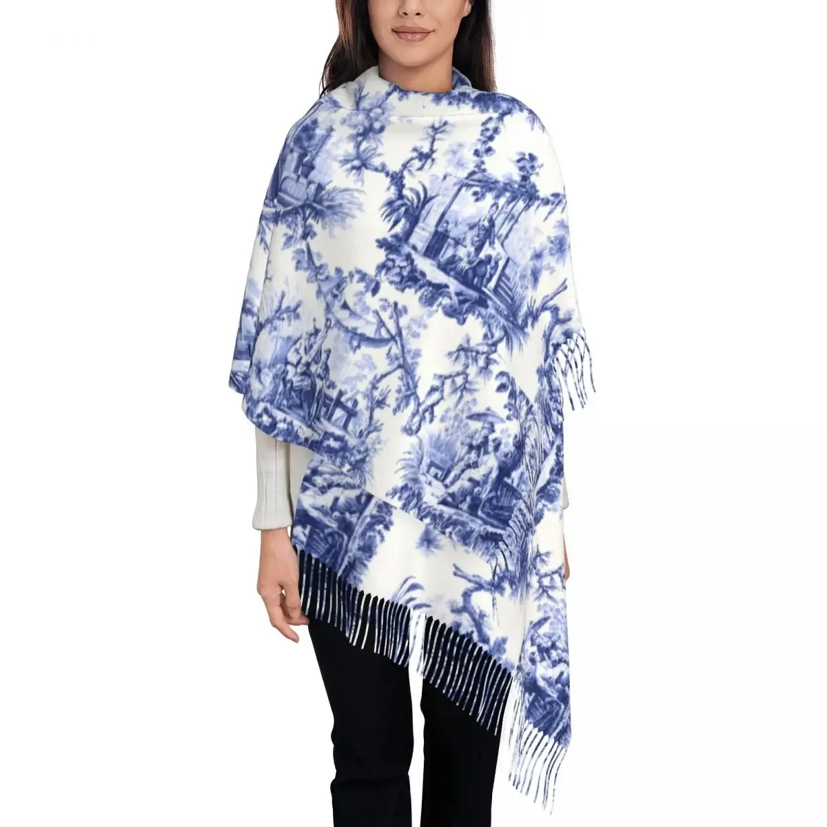 Lady Long Blue And White Delft Chinoiserie Toile Scarves Women Winter Soft Warm Tassel Shawl Wraps Scarf