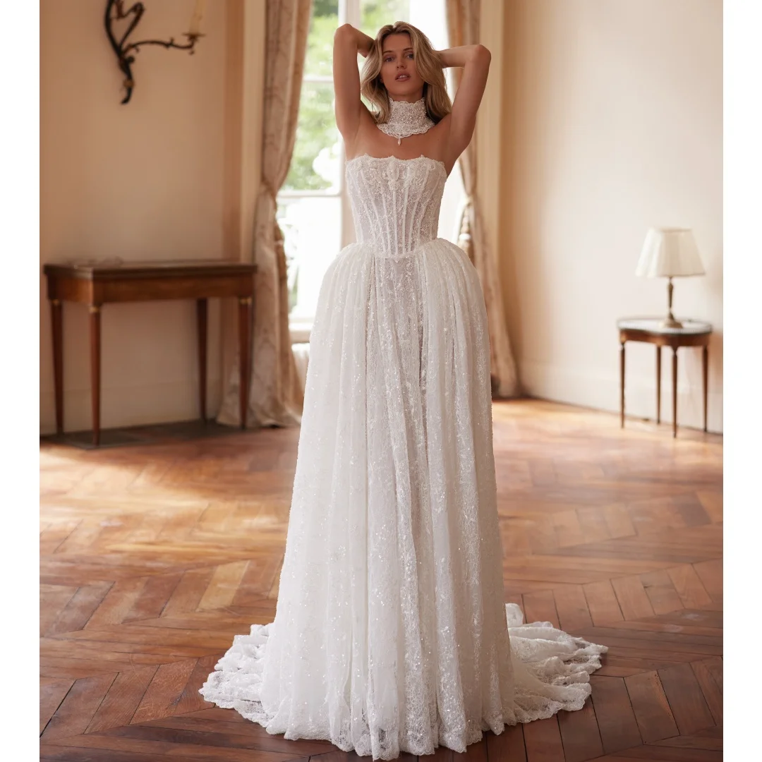 

Lace Sequins Sparkly Wedding Dresses Luxury A Line Pleated Illusion Corset Bridal Gowns Plus Size Wedding Dress Customized