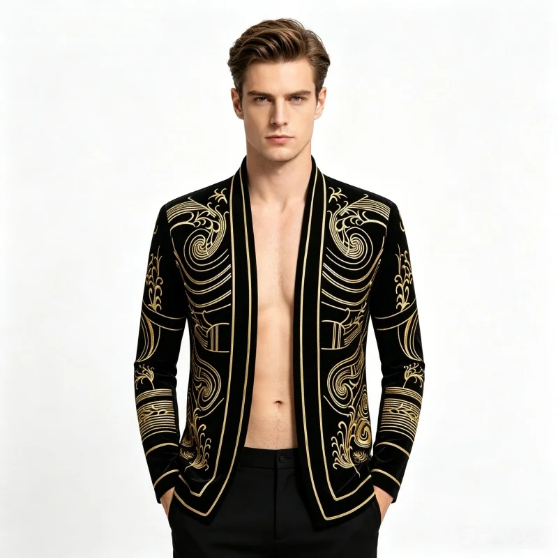 Men Vintage Velvet Embroidery Suit Jacket Cardigan Blazer Singer Concert Stage Costume Party Prom Wedding Tuxedo Costume