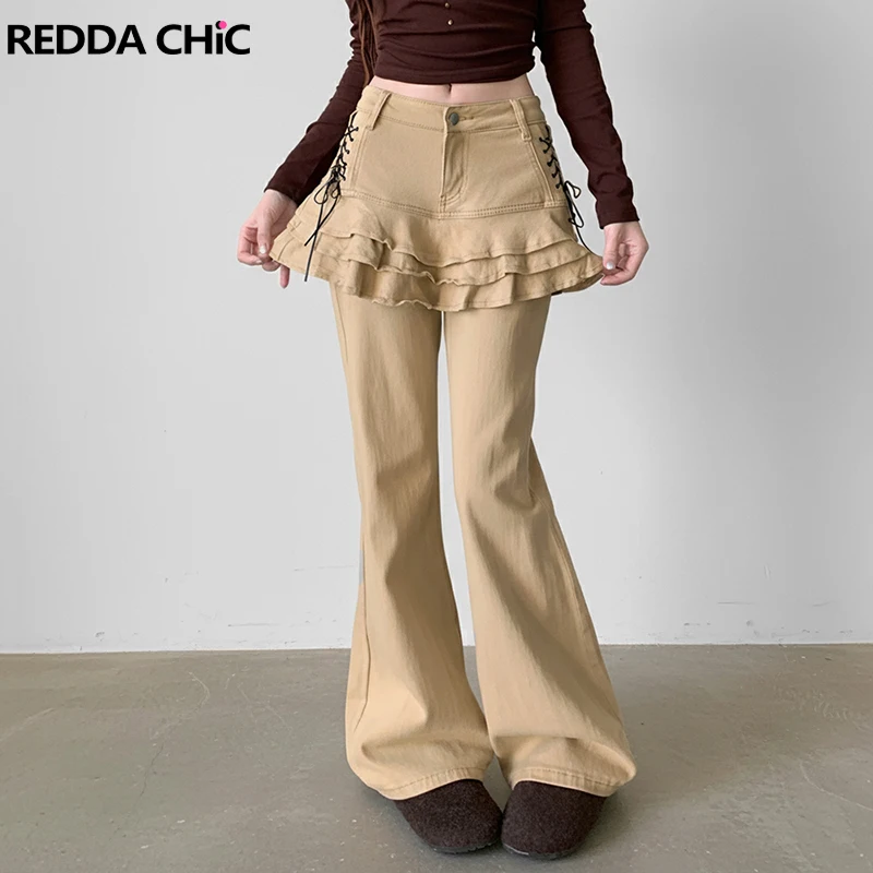 REDDACHiC Tiered Ruffle Skirt Stitch Women Jeans Khaki Vintage Fake Two-piece High Waist Pockets Bootcut Pants Korean Streetwear