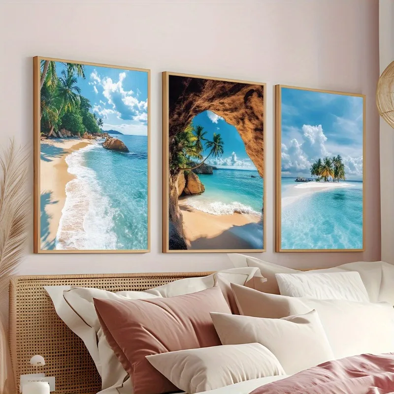 

3pcs Beach Island Seaside Scenery, Wall Art Canvas Poster, for Living Room Bedroom Office Wall Decoration, Home Decor Frameless