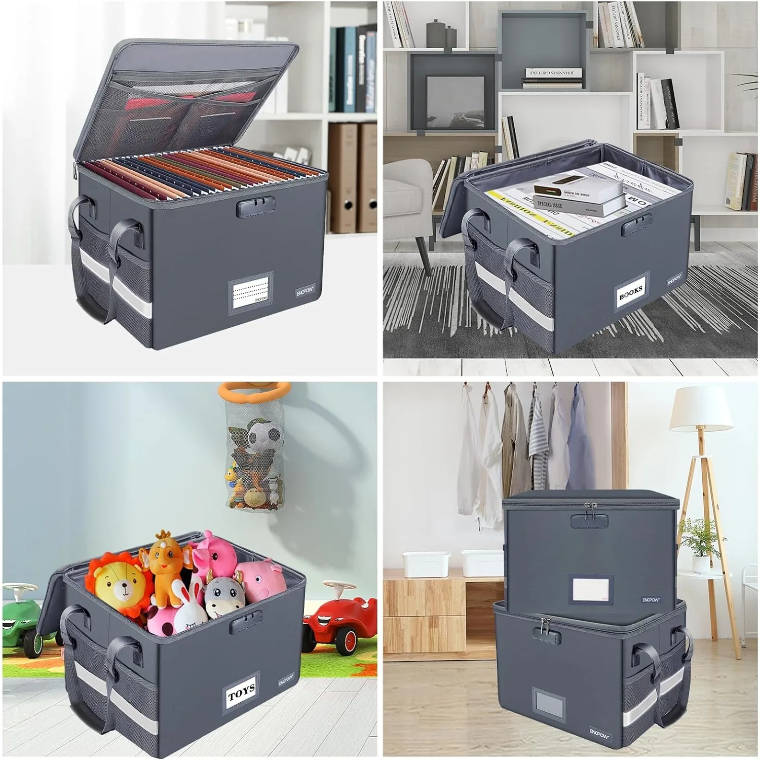 ENGPOW File Box with Lock, Fireproof Document Box with Zipper Lid,Collapsible File Organizer Storage Filing with Handle