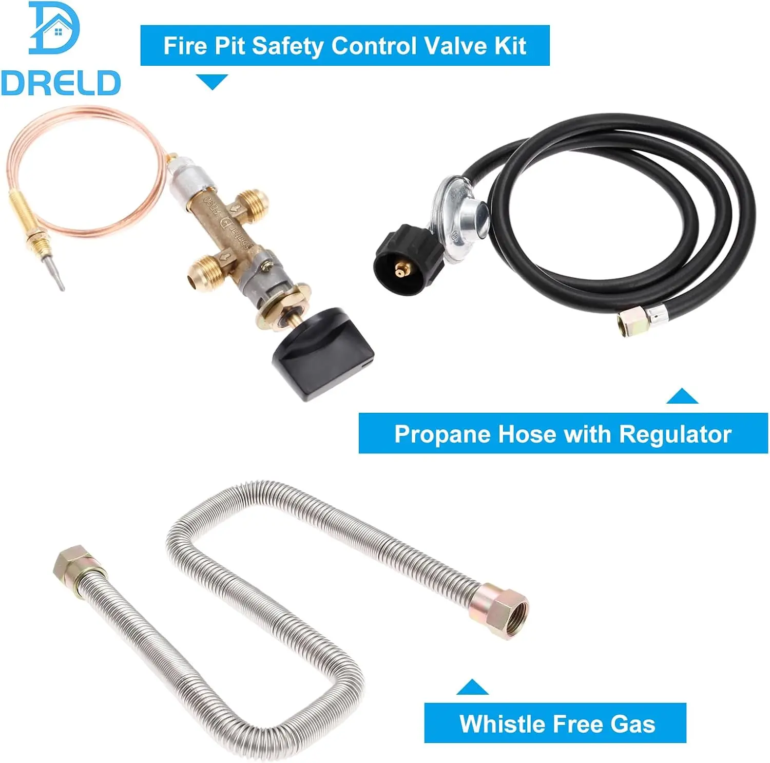 Propane Gas Fire Pit Fireplace Valve Control System Flame Failure Control Valve Whistle Free Gas LP Propane Hose w/ Regulator