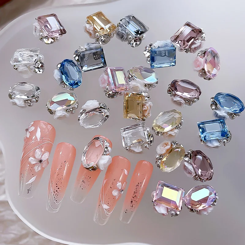 KANIU Transparent Crystal Oval Pigeon Egg Nail Art Rhinestones 3D Resin Bloom Round Pearl Bead Handmade Stacked Diamond Finished