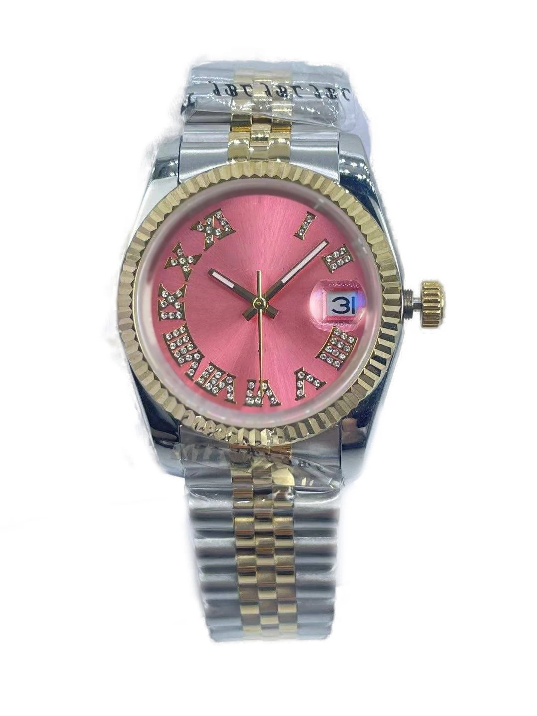 Women\'s 36mm Diamond Waterproof Watch with Calendar Window and Steel Bracelet