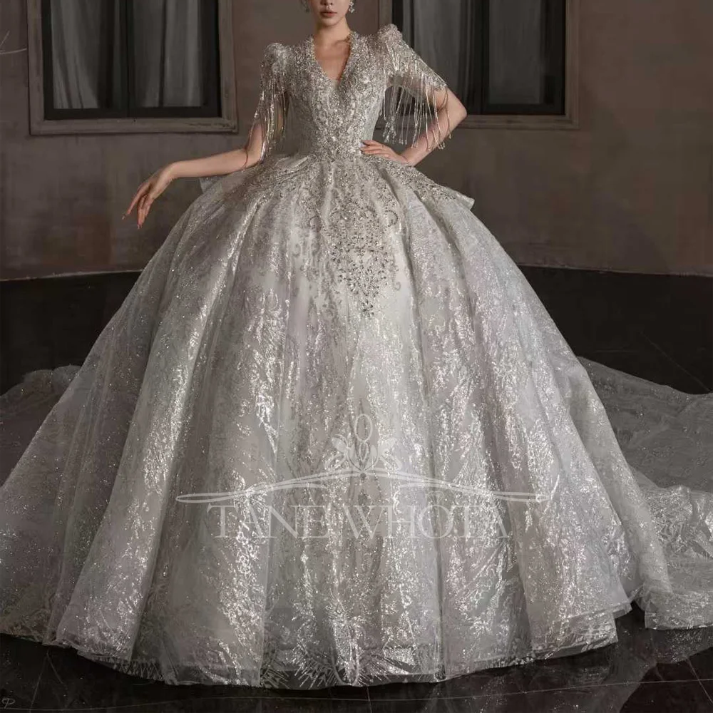 

Хрустальное бальное платье с v-образным вырезом и короткими рукавами, свадебное платье, расшитое бисером и блестками, сексуальная вышивка по индивидуальному заказу