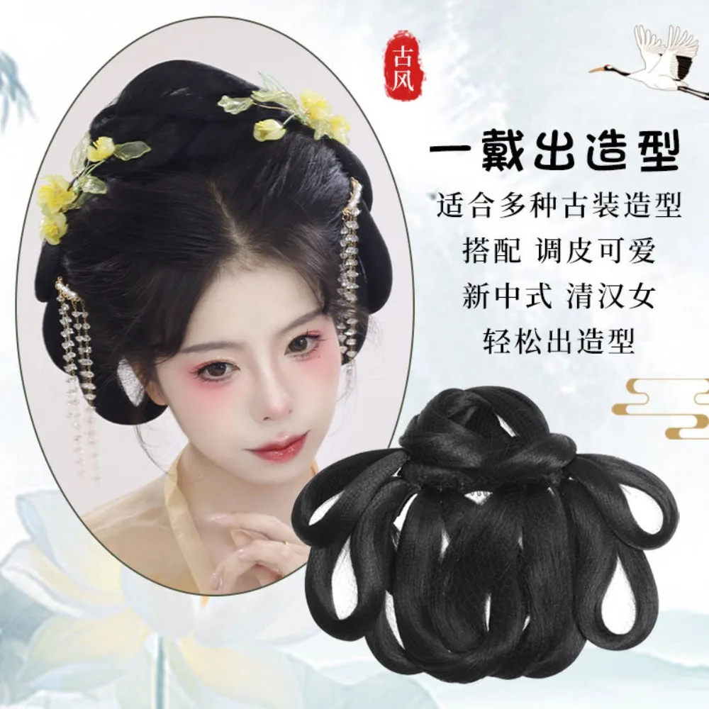 Qing Dynasty Hair Set - Complete Historical Wig with Integrated Bun & Headpieces for Hanfu Traditional Chinese Updo Kit