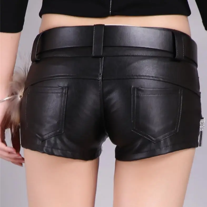 New shorts PU leather pants slim buttocks fur leather hot pants stage collar dance boots pants