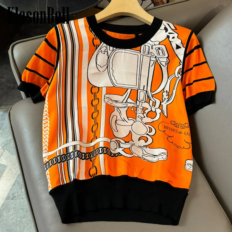 

6.29 KlasonBell Women Classic Geometric Print Silk Spliced Knitted Short Sleeve T-Shirt 2024 Summer New
