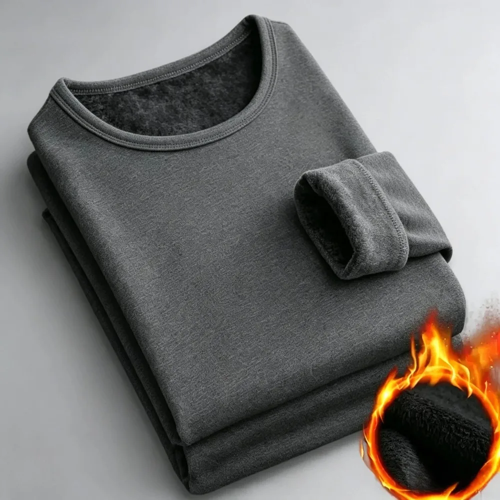 Winter Men's Long-sleeved Thermal Underwer T-Shirt Fleece Bottoming Shirt Round Neck Shirt Fashion Plus Velvet Padded T-shirt