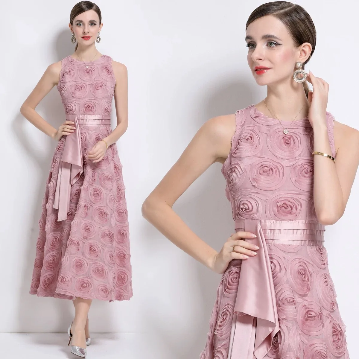 

Clothland Women Sweet Pink Floral Dress Sashes Sleeveless Zipper A Line Party Club Event Midi Dresses Vestido QE070