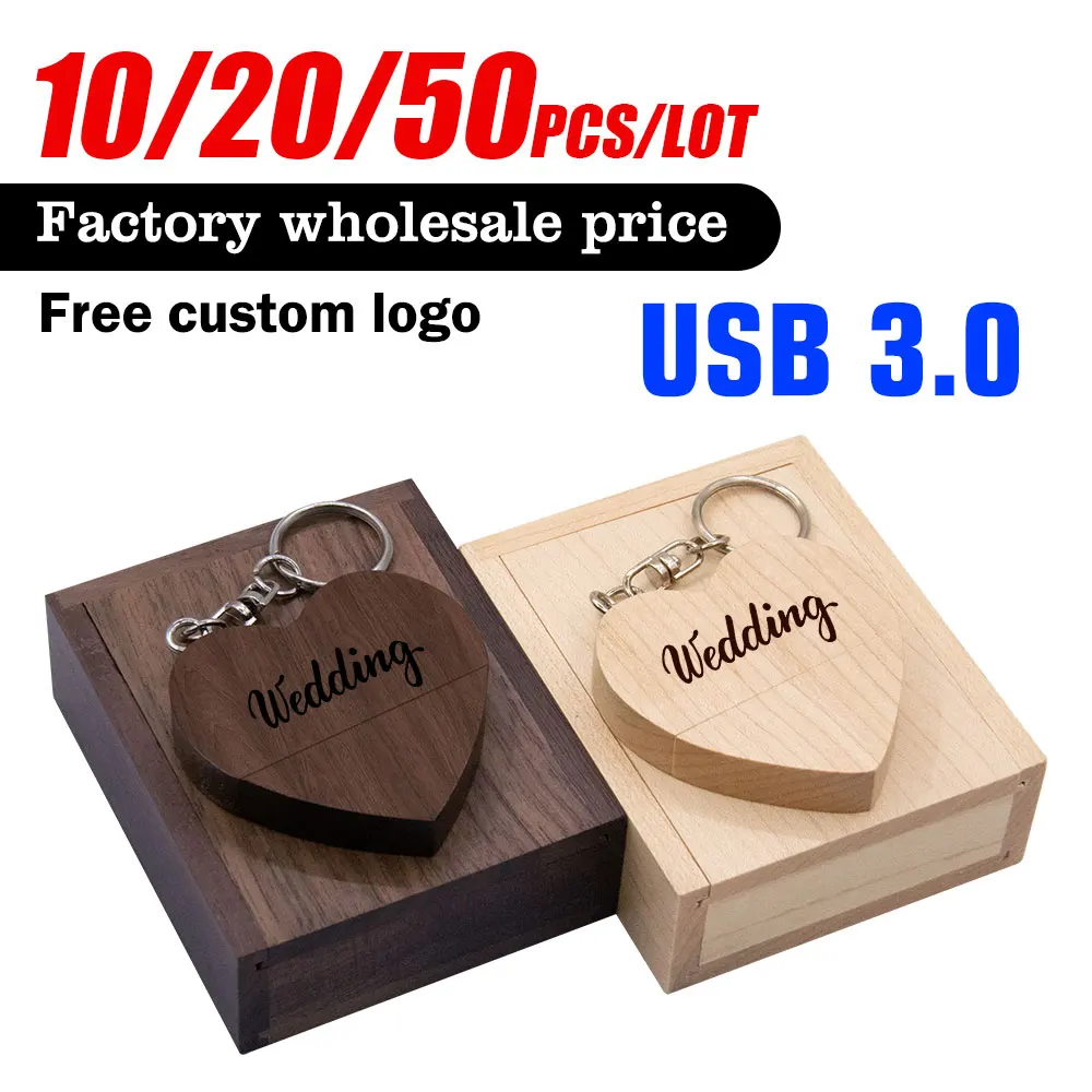 

10/20/50 USB 3.0 with box wooden love heart model usb flash drive memory Stick 64GB 16GB 32GB 4GB wedding gifts free custom logo