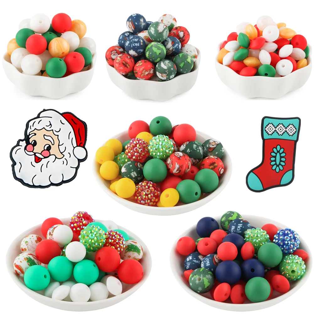 Christmas Silicone Focal Beads Round Beads Silicone Lentil Beads Set Use For Beadable Pen Keychain DIY Handmade Accessories