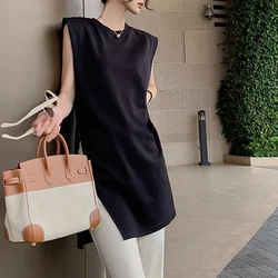 Clothes for Women 2024 Summer Stylish Split Design Elegant Sleeveless Tank Tops Female Minimalist Casual O Neck Black Loose Vest