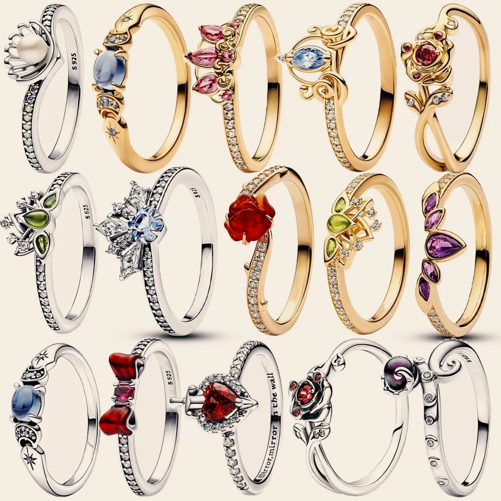 HOT 925 Sterling Silver All Princess Series Tiana Tiara,Aladdin Jasmine, Rapunzel Tiara Ring Women Finger Ring For Party Jewelry