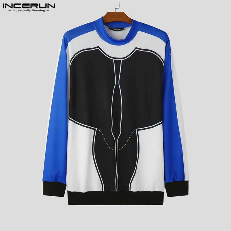 Men's Hit Color Long Sleeve Tops INCERUN American Fashion Half High Collar T-shirts Elegant Loose Streetwear Male Tees Oversize