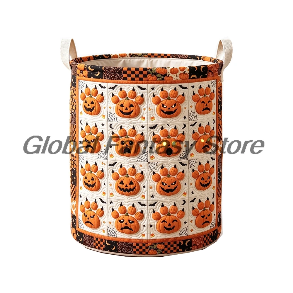 Halloween Paw Print Pumpkin Patchwork Quilted Storage Basket With Handles Laundry Hamper Foldable Clothes Home Organizer Bin