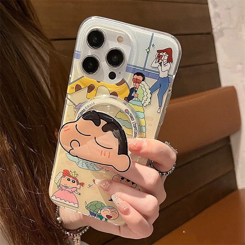 น่ารักการ์ตูนตลกคู่ Shin-Chan Magsafe Wireless Charge สําหรับ iPhone 13 14 15 16 PRO MAX การ์ตูน Shin-Chan ผู้ถือแม่เหล็ก ﻿