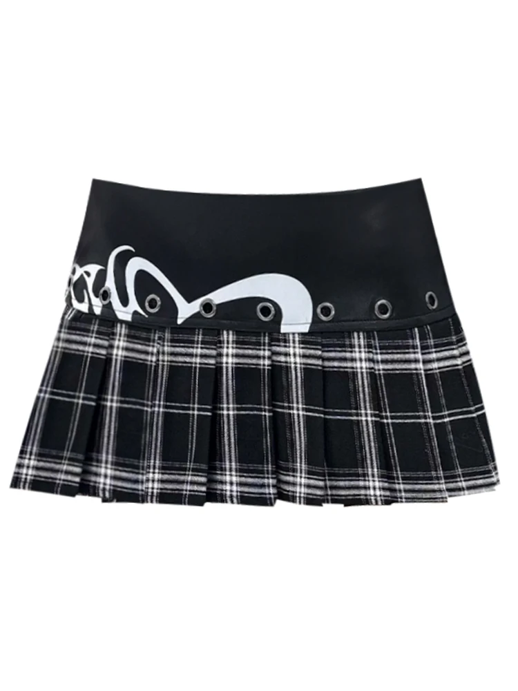 

Women Japanese Y2k Mini Pleated Skirt Plaid Pu Faux Leather Gyaru Coquette 2000s Aesthetic E-girl Harajuku Dark Academia Hot New