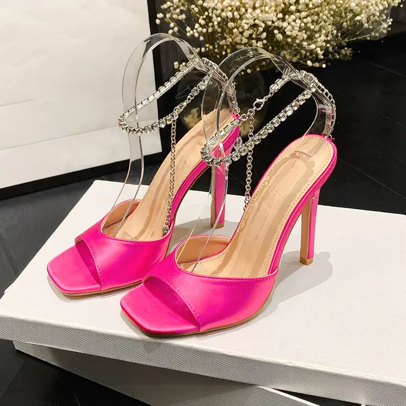 Kcenid New Design Silk Peep Toe Women Sandals Elegant Summer Rhinestone Buckle Strap High Heels Banquet Party Gladiator Shoes