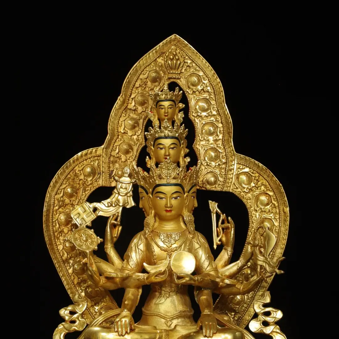 Tibetan Pure Copper Gilt Thousand Hand Guanyin Buddha Statue with Halo Home Altar Figurine