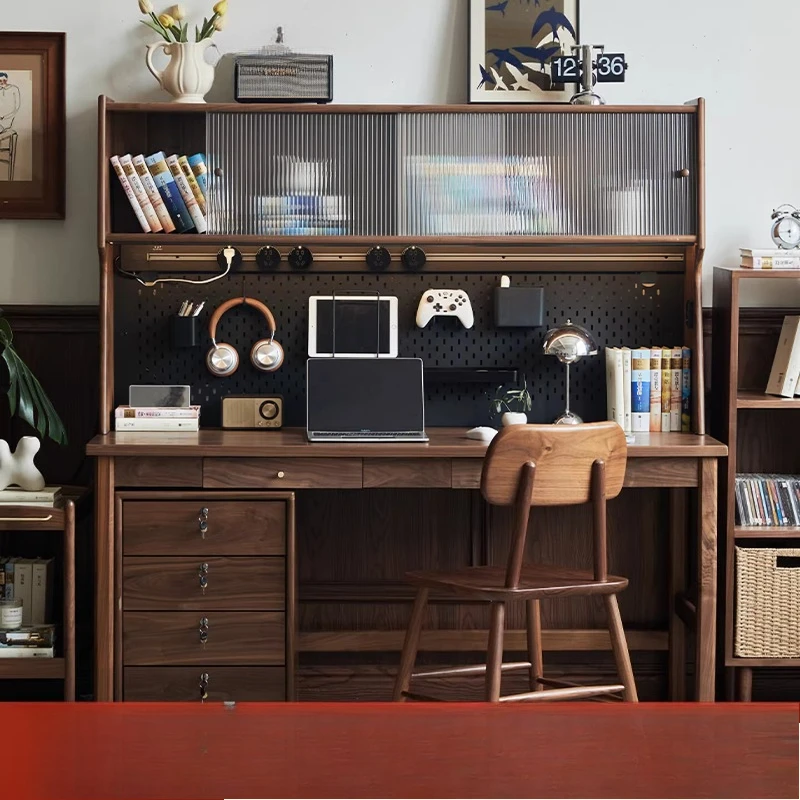 All solid wood bookshelf desktop, storage vertical black walnut home multi-layer bookcase