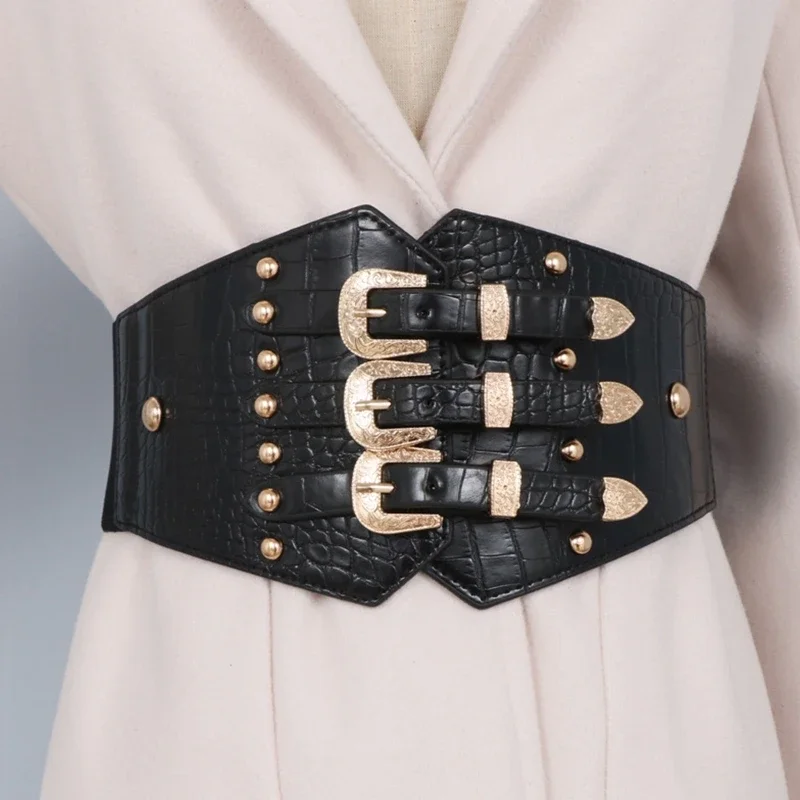 KLV Fashion Retro Lady corsetto a forma ampio elastico in ecopelle cintura nera cintura elasticizzata nuovo