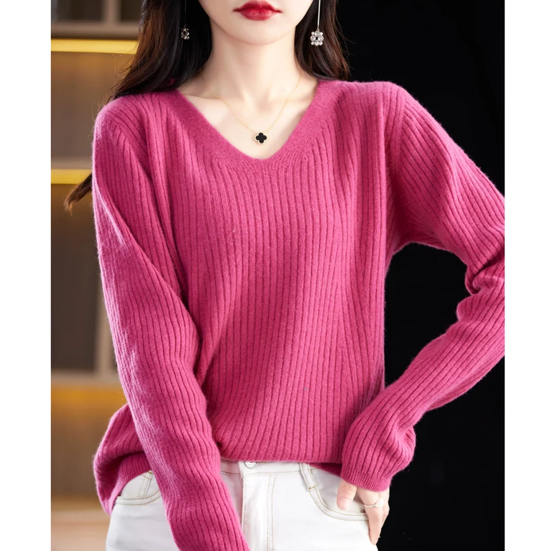 

Women New Wool Blend Sweater V-Neck Solid Color Pullover Autumn Winter Long Sleeve Bottoming Clothing Casual Warm Knitting Tops