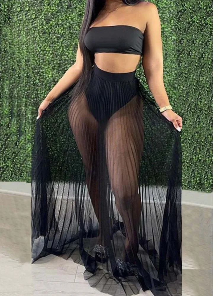 

New Women's Sexy Mesh Pleated Skirt Suit Chest-wrapped Top Three-piece Skirt Suit Summer Fashion Casual 3 Piece Outfits Woman