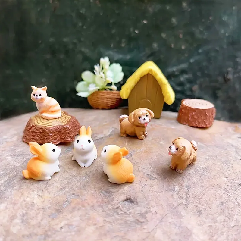 Set of 5 Mini Resin Cat Dog Rabbit Miniatures, Cute Pet Animals for Micro Landscape Fairy Garden DIY Craft Ornament Accessory