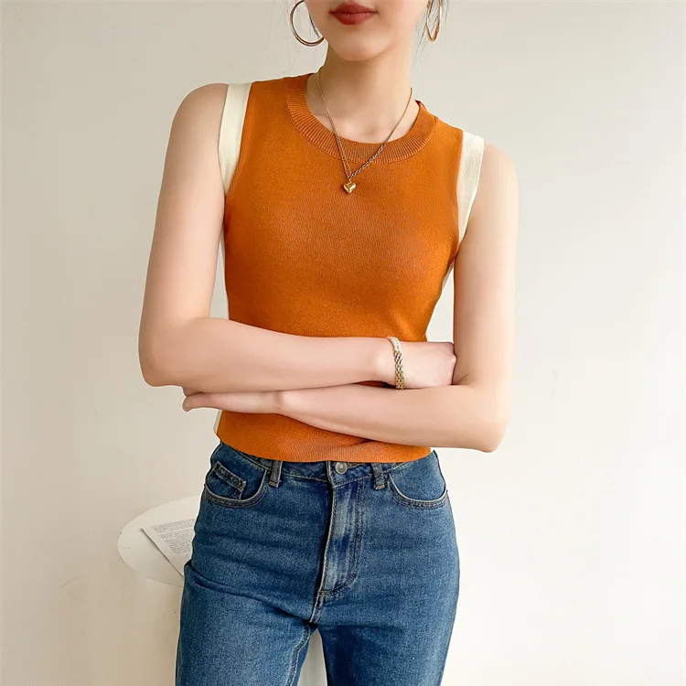 6961 Letnia francuska bluzka bez rękawów z okrągłym dekoltem, blokami kolorów, dopasowanym krojem, wysokim stanem i krótkim krojem dla kobiet