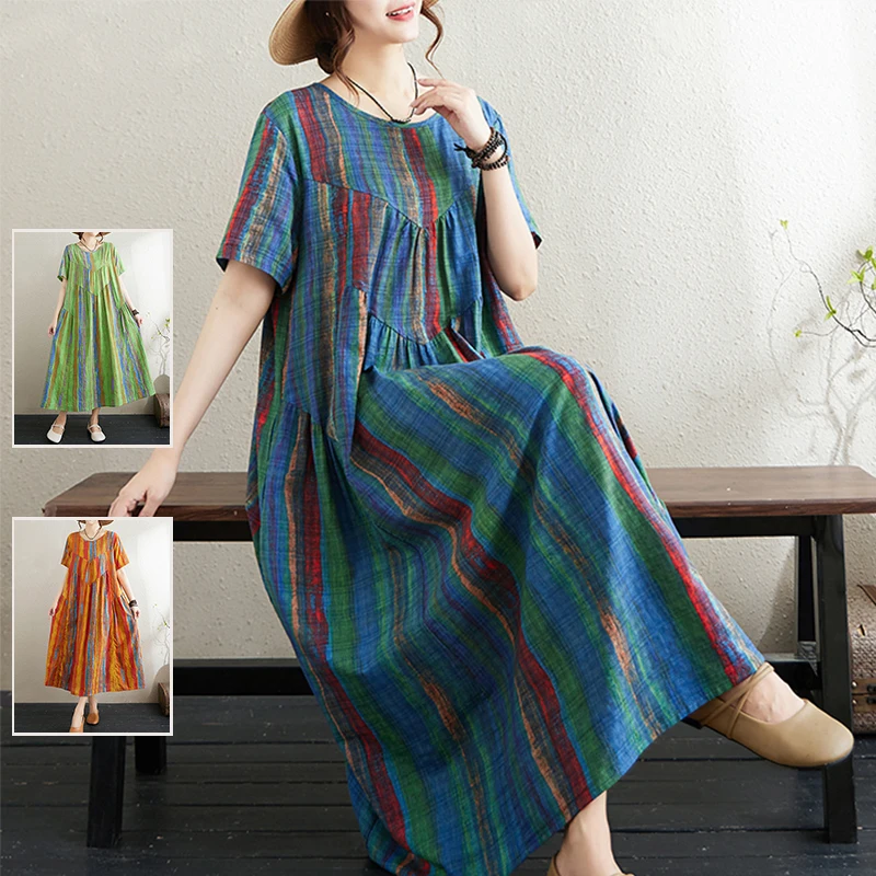 Striped Cotton Linen Printed Dr Summer Large Size Women's Faionable round Ne Loose over Knee A-Line Skirt