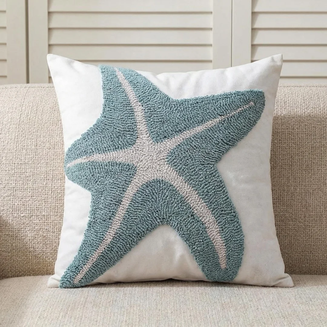 Blue starfish tufted pillow sofa living room fringed pillow backrest bedroom bed cushion pillow with core